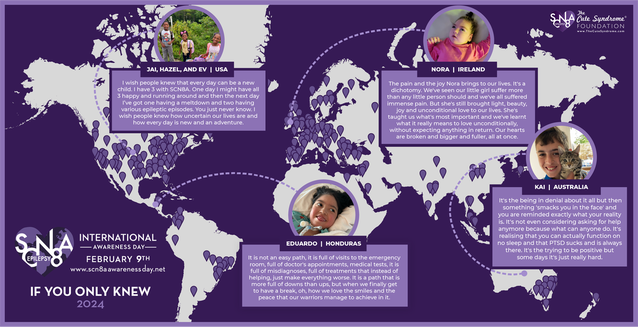 Map graphic showing general locations of SCN8A patients around the world with 4 images of children along with quotes about life with SCN8A